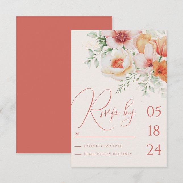 Coral Peach Spring Summer Floral Orange Wedding RSVP Karte (Vorne/Hinten)