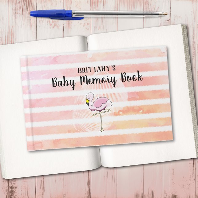 Coral Peach Striped Flamingo Baby Memory Book Gästebuch (Von Creator hochgeladen)