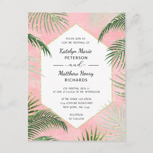Coral Peach Tropical Watercolor Wedding Einladungspostkarte (Vorderseite)