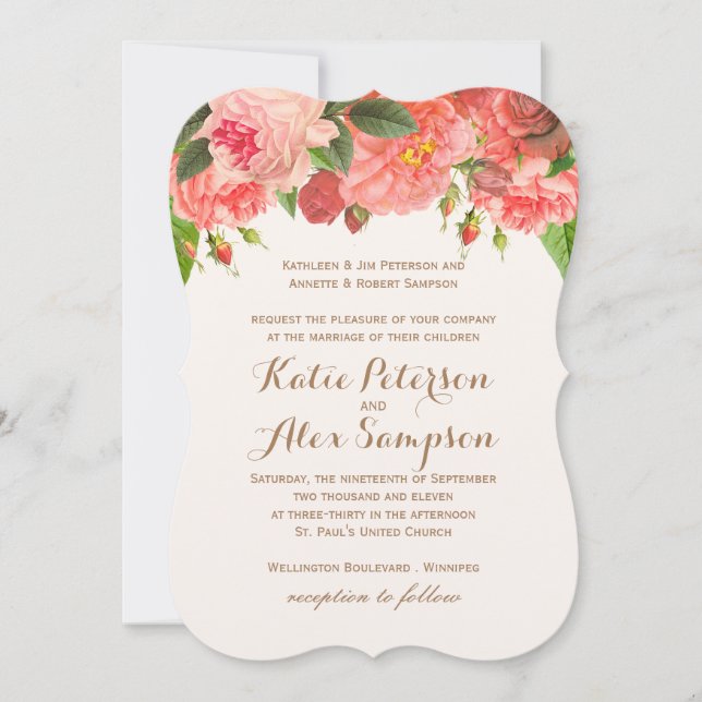 Coral Peonie auf Gold Glitzer Hochzeitseinladung Einladung (Vorderseite)
