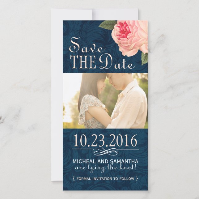 Coral Peonie und Navy Save the Date Foto Cards (Vorderseite)