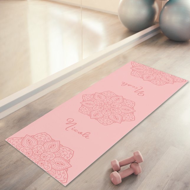 Coral Pink Beautiful Mandala With Custom Name Yogamatte (Disclaimer: This image is a digital mockup.)