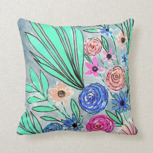 Coral Pink Blue Green Blume Art Kissen
