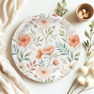 Coral Pink Boho Wasserfarbe Wildblume Kinderdusche Pappteller