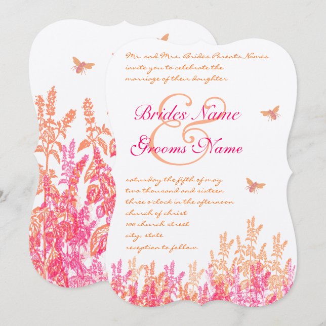Coral Pink Bumblebee Wildblume Hochzeit Einladung (Vorne/Hinten)