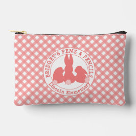 Coral Pink Bunnies & Gingham Pattern Personalisier Zubehörtasche