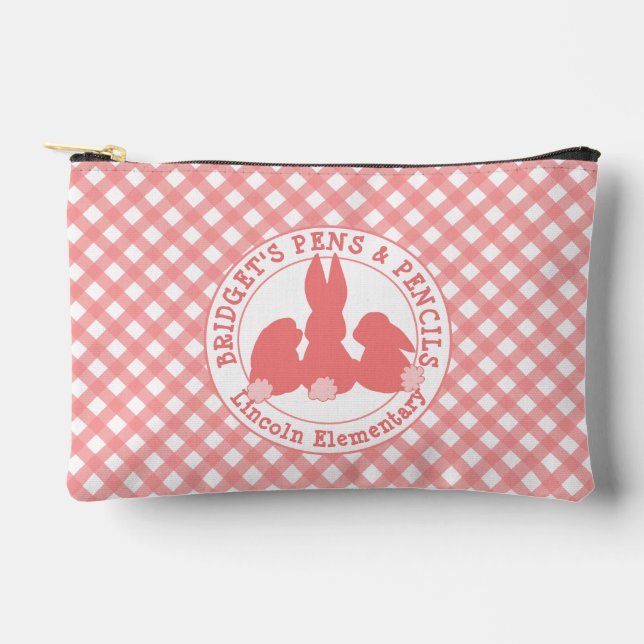 Coral Pink Bunnies & Gingham Pattern Personalisier Zubehörtasche (Vorderseite)
