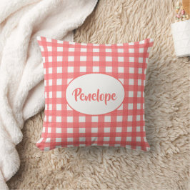 Coral Pink Classy Gingham Muster mit Namen Kissen