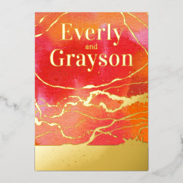 Coral Pink Coral Galaxy Marble Gold Wedding Folieneinladung