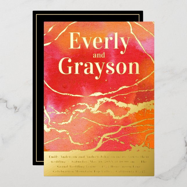 Coral Pink Coral Galaxy Marble Gold Wedding Folieneinladung (Vorderseite/Rückseite)