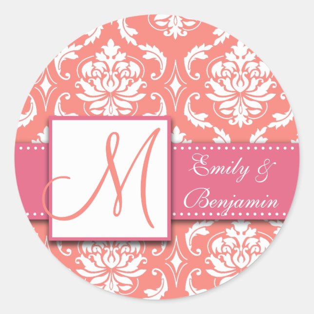 Coral Pink Damask Wedding Gefallen Sticker Pink (Vorderseite)