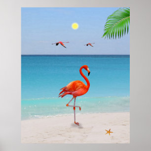 Coral Pink Flamingo & Palm Leaf am Strand Poster