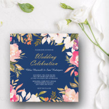 Coral Pink Floral Border on Navy Blue Wedding