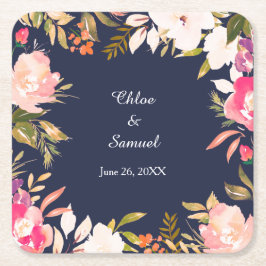 Coral Pink Floral Border on Navy Blue Wedding Rechteckiger Pappuntersetzer