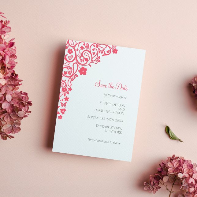 Coral Pink Floral Butterfly Garden Hochzeit Save The Date (Von Creator hochgeladen)