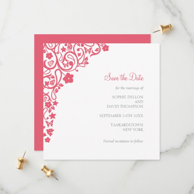 Coral Pink Floral Butterfly Garden Square Hochzeit Save The Date (Vorderseite/Rückseite Beispiel)
