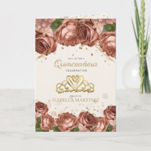 Coral Pink Floral Gold Glitzer Quinceañera Foto Einladung