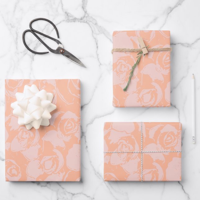 Coral Pink Floral Illustration Botanisches Muster Geschenkpapier Set (Vorderseite)