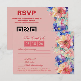 Coral Pink Floral Modern Wedding RSVP Karte