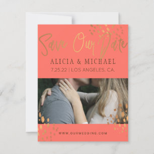 Coral Pink FOTO Imitats Rose Gold Foil Typografie Save The Date