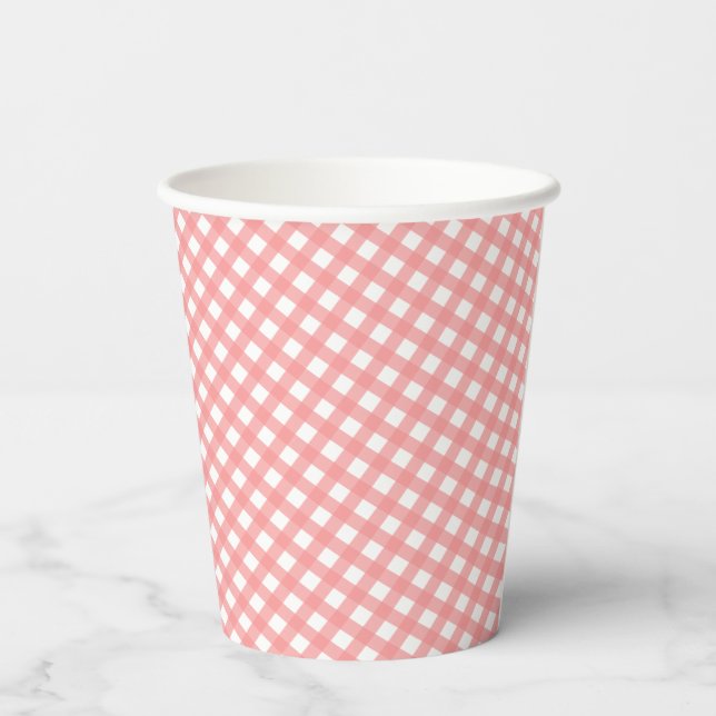 Coral Pink Gingham Paper Cups Pappbecher (Rückseite)