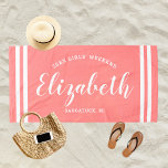 Coral Pink Girls Personalisierter Name Strandtuch<br><div class="desc">Das personalisierte Strandtuchdesign für einen Mädchenwochenende bietet einen eigenen Vornamen in modernen Schriften,  gerahmt von Küstenstreifen,  mit eigenem Text für den Anlass. Die hübsche korallenorange / rosa Hintergrundfarbe kann geändert werden. Bitte besuchen Sie unseren Shop für weitere Farboptionen.</div>