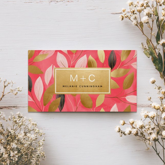 Coral Pink Gold Leaves Monogram Business Cards (Von Creator hochgeladen)