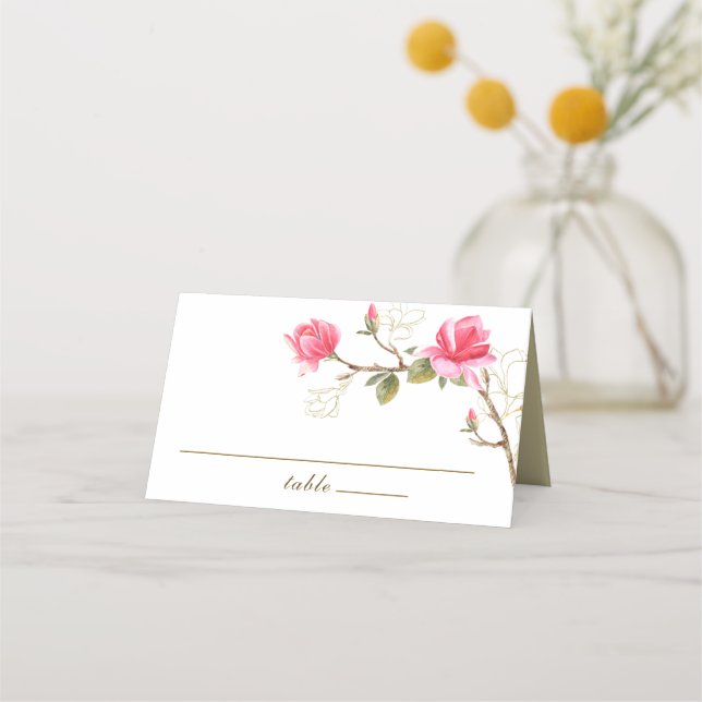 Coral Pink Gold Magnolia Hochzeit mit floraler Was Platzkarte (Vorderseite)