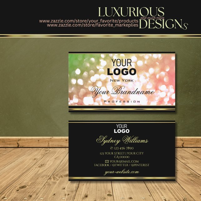 Coral Pink Green Ombre Glitzer Logo Gold und Black Visitenkarte (Von Creator hochgeladen)