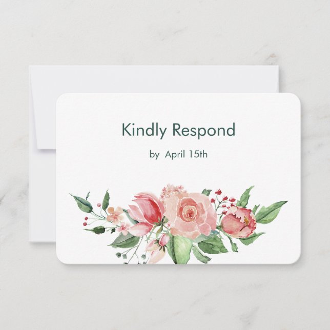 Coral Pink Green Rose Floral Wedding RSVP Karte (Vorderseite)