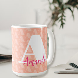 Coral Pink Initial White Letter Script Designer Kaffeetasse