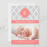 Coral Pink Modern Monogram Custom Foto Baby Birth