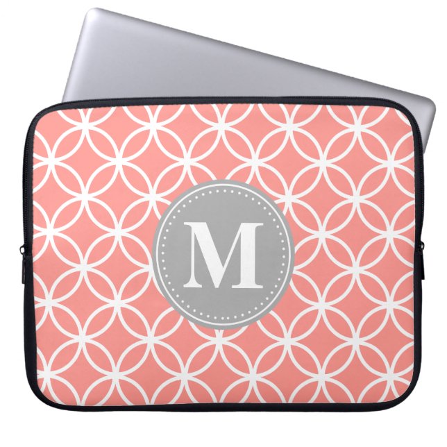 Coral Pink Moderne Kreise Grau Monogramm Laptopschutzhülle (Vorderseite)