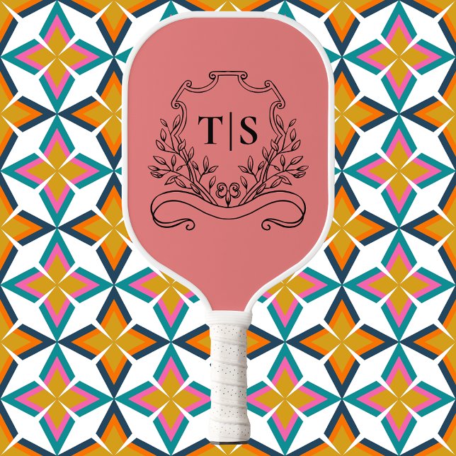 Coral Pink Monogram Initial Girly Classic Crest Pickleball Schläger (Coral Pink Monogram Initial Girly Classic Crest Pickleball Paddle)