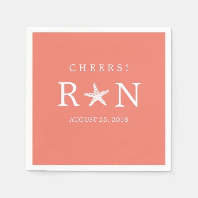 Coral Pink Monogram Starfish | Hochzeit Serviette (Vorderseite)