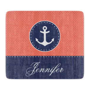Coral Pink Navy Blue Anchor Custom Text Schneidebrett