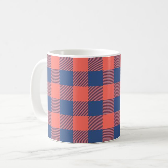 Coral Pink Navy Blue Square Rectangle Muster Kaffeetasse (Vorderseite Links)