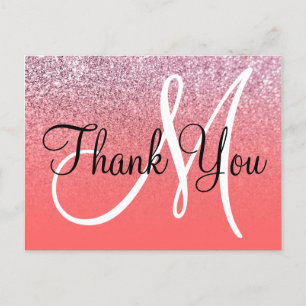 Coral Pink Ombre Glitzer Monogram Vielen Dank Postkarte