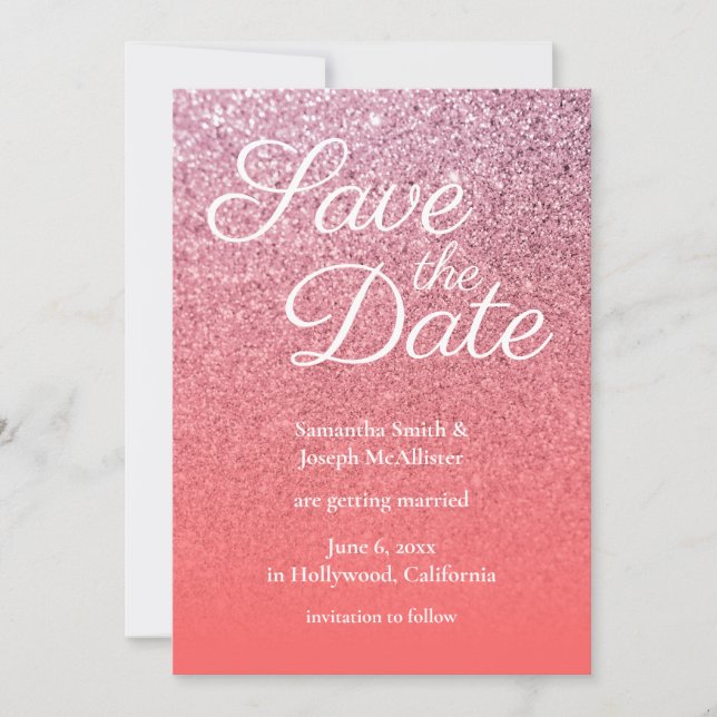 Coral Pink Ombre Glitzer Save the Date Einladung (Vorderseite)