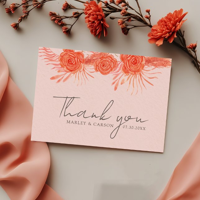 Coral Pink Orange Floral Script Wedding Dankeskarte (Von Creator hochgeladen)