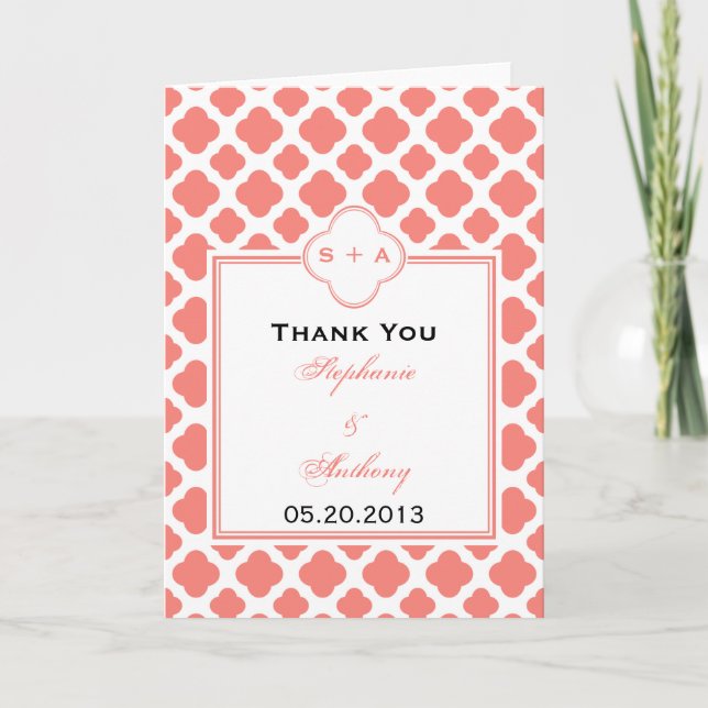 Coral Pink Quatrefoil Muster Hochzeit Vielen Dank Dankeskarte (Vorderseite)