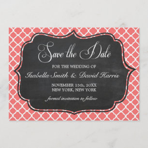Coral Pink Quatrefoil & Schultafel Save-the-Date-K Save The Date