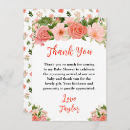 Coral Pink Red Roses Floral Baby Shower Dankeskarte
