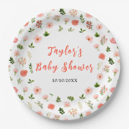Coral Pink Red Roses Floral Baby Shower Pappteller
