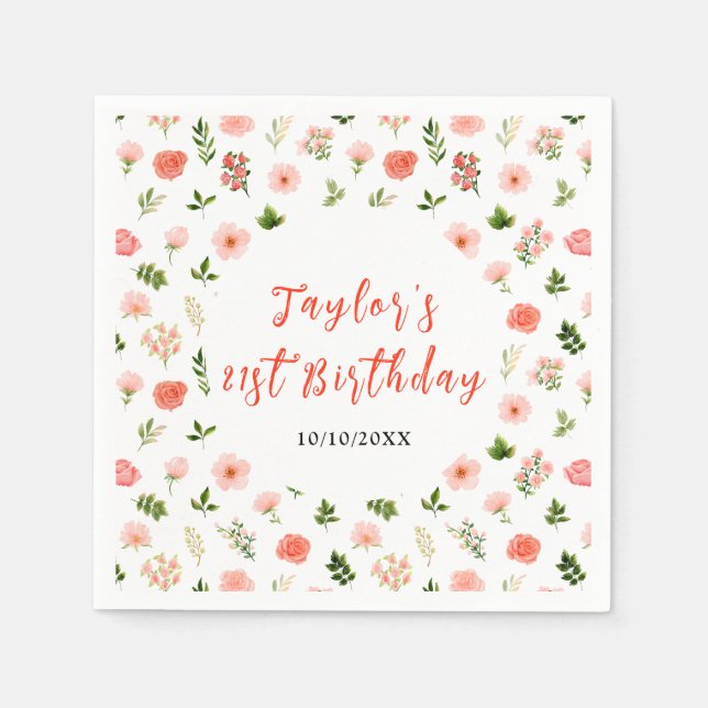 Coral Pink Red Roses Floral Birthday Serviette (Vorderseite)
