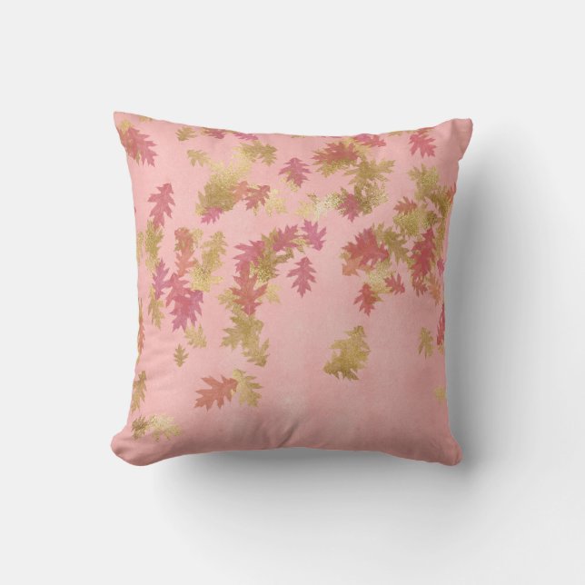Coral Pink Rose Gold Leafs Foxier Pastel Kissen (Vorderseite)