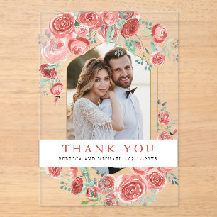 Coral Pink Rosen Florales Foto Hochzeit Danke Acryleinladungen