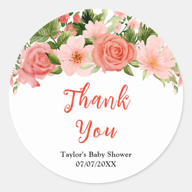 Coral Pink Roses Floral Baby Shower Thank You Runder Aufkleber (Vorderseite)