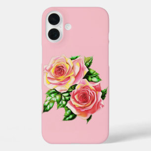 Coral Pink Roses mit Jade Green Blätter iPhone 16 Plus Hülle
