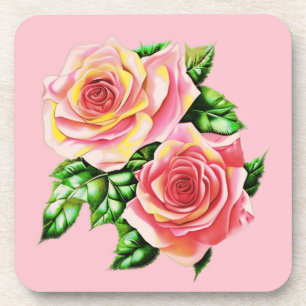 Coral Pink Roses mit Jade Green Blätter Getränkeuntersetzer